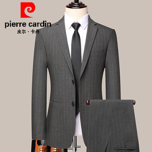 Pierre Cardin Wool Suit Men's Autumn and Winter New Business Casual High-end Suit Two-piece Set No-Iron Middle-aged Suit 2391 Black Vertical Strips 2XL (185) - Recommended weight 165-175 Jin Jin equals 0.5 kg