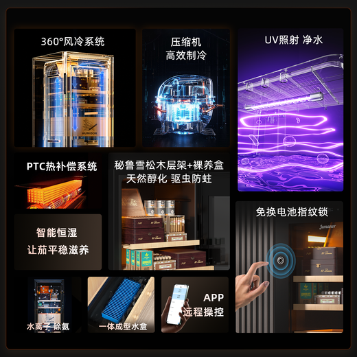 Jemanor cigar cabinet with constant temperature and humidity, pure ammonia wifi, Spanish cedar wood compressor, air-cooling, energy-saving household, small mini smart fingerprint lock, refrigerated eggplant culture, naked culture box with watch + naked culture basket + box culture rack 0.74 m 75L bionic eggplant room fingerprint lock + wifi + pure ammonia UV sterilization + whiskey culture eggplant