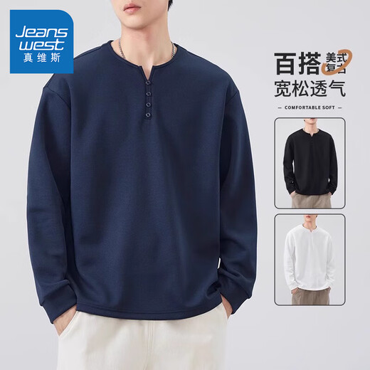 Jeanswest American Retro Henley Collar Long Sleeve T-Shirt Men's 2025 Spring Loose Casual Bottoming Shirt Men's Navy 3XL
