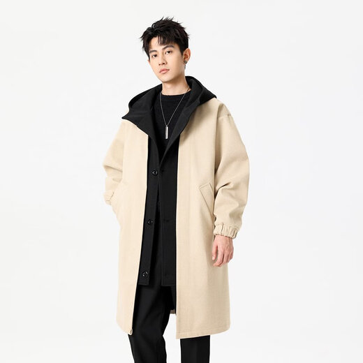 Mu Fanmian spring new fake two-piece woolen coat men's long hooded knee-length large size loose fat spring and autumn windbreaker jacket black thickened L suitable for 125 to 150 Jin Jin equals 0.5 kg