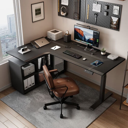 Dear four-legged corner electric lift table L-shaped leather solid wood gaming desk home computer desk office desk length 140*width 60*corner 110cm with embedded power strip Z4 four-legged dual motor + pure solid wood right corner 3cm thick