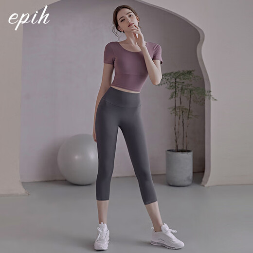 EPIH Yoga Wear Suit Women's Beautiful Pilates Training Clothes Fitness Sportswear 2025 New Summer Thin Lotus Purple Short Sleeves + Dark Gray Leg Leg Pants L