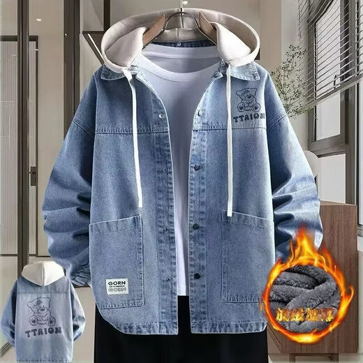 Denim jacket men's velvet style 2025 autumn and winter handsome casual hooded fake two-piece work jacket men's coat black velvet M