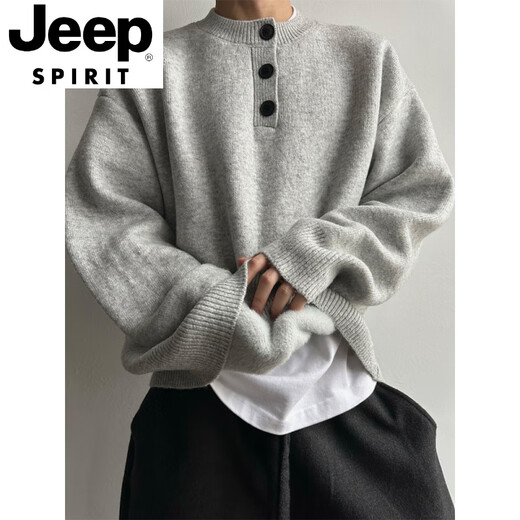 JEEP SPIRIT Light Gray Henley Collar Plush Sweater Men's Winter Lazy Style High-Level Knitted Sweater American Retro Wool Sweater Light Gray Upgraded 90% Buyers Choose M