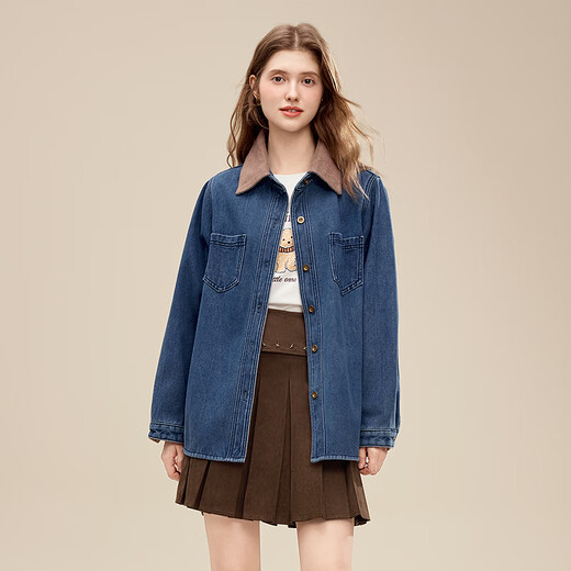 Betu Women's 2025 Winter New Shirt Color Block Collar High-Quality Comfortable Cotton Long-Sleeved Top Women 2511X02 Blue L