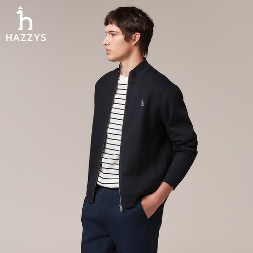 HAZZYS Men's Autumn Casual Jacket Liquid Ammonia Craft Classic Stand Collar Knitted Jacket Men ASVZU0CCX17 Dark Navy Blue DN L (175/96A 48)