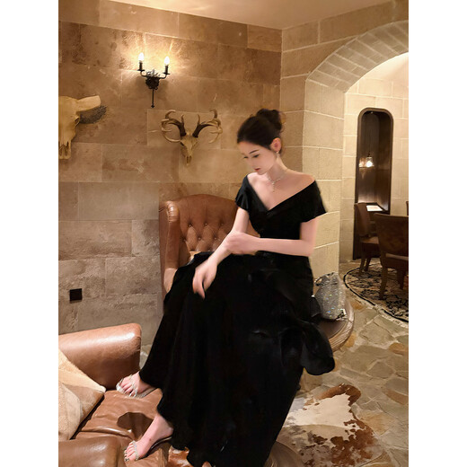 GJFDGood Job Rubens Holiday French black one-shoulder light luxury dress niche dress fishtail skirt porcelain black L