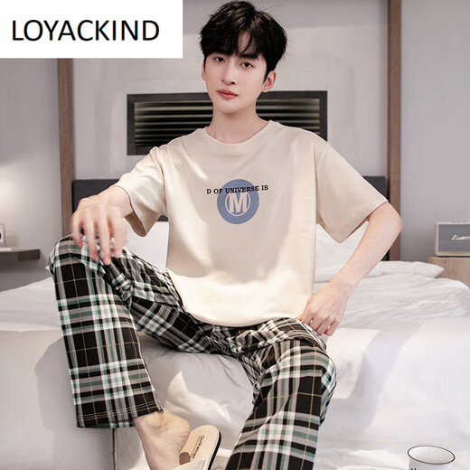 LOYACKIND男士睡衣夏季薄款短袖长裤棉春秋棉色宽松青少年家居服套装 咖啡色 9207 L 【105-130斤】100棉派邦淇