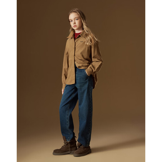 ELLE KIDS children's clothing Maillard long-sleeved shirt girls autumn and winter new corduroy embroidered retro style top khaki 120 (110/120)