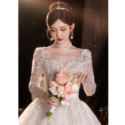 Wei Lianmenglan one-shoulder French light wedding dress 2025 new main yarn textured long-sleeved wedding dress for little brides white floor-length style (wedding dress + 8-piece set) XS weight 80Jin Jin is equal to about 0.5 kg