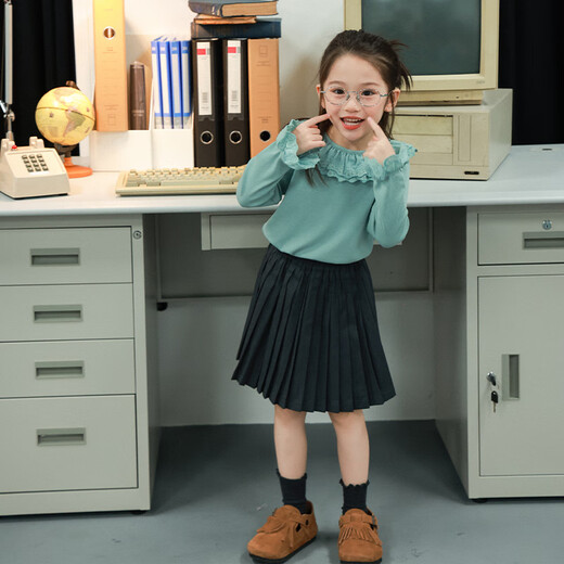 UTOUTO Big Ear Elephant Girls Lace Fold Collar Top 2025 Autumn Slim Fit Versatile Top Lake Blue 140