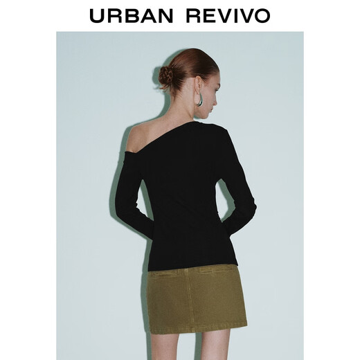 UR autumn new women's casual slanted shoulder collar pleated slim long-sleeved T-shirt UWM450130+ black M