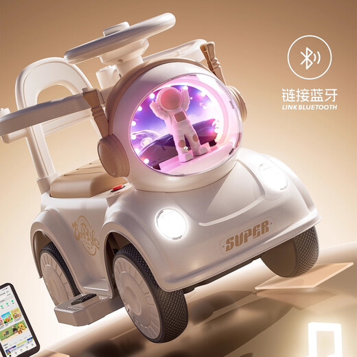 Basebo Electric Children's Four-Wheel Anti-Rollover Twister Car, Can Sit in, Remote Control Toy Car, Remote Control Electric Model, Green + Dinner Plate + Extra Large Battery + Bluetooth Music + Remote Control