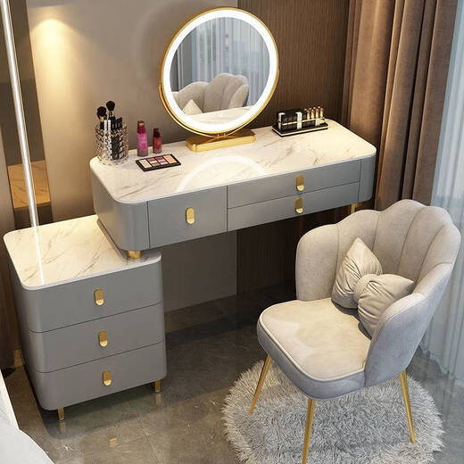Small apartment solid wood dressing table bedroom modern simple high-end solid wood slate dressing table storage cabinet integrated CHH solid wood frame black handle (7MM slate) white 115.5 three-drawer table + smart mirror + cabinet + bird's nest stool