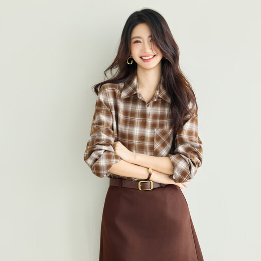 Eveli (eifini) Jiang Xin endorses Eveli Warm Maillard Brushed Commuting Comfortable Shirt 25 Winter New Top Women Brown S 80-105Jin Jin is equal to 0.5 kg