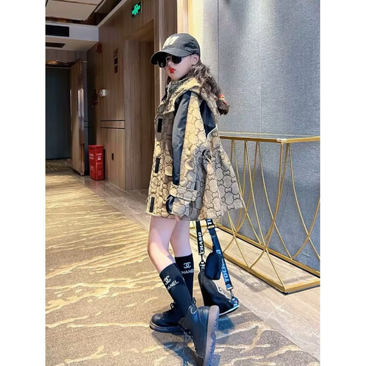 Girls' coat spring tops 2025 Korean version of medium and large children's windbreaker, stylish mid-length lapel hooded cardigan trendy TW04 khaki 170