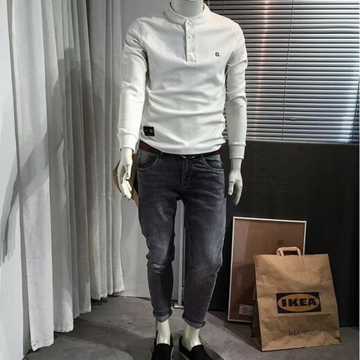 European high-end retro polo shirt men's stand-up collar slim long-sleeved American Henry collar T-shirt letter embroidered sweatshirt trendy CX10 sweatshirt white regular L