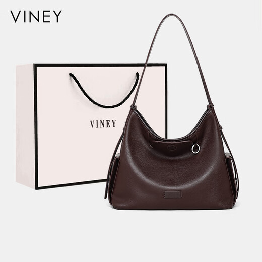 Viney cowhide tote bag women's bag large capacity crossbody bag brand birthday gift for girlfriend and wife brown practical shoulder bucket bag light luxury high-end fashion versatile casual commuting bag