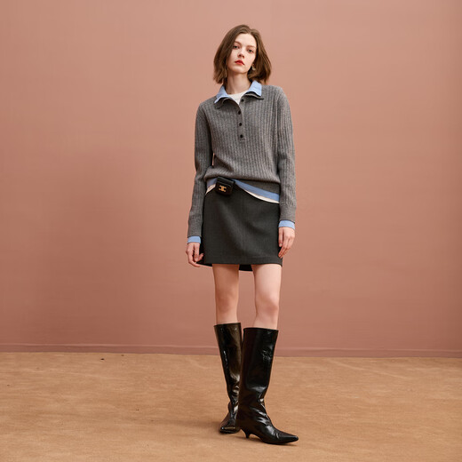 Sancai 2025 new winter sweater contrasting color lapel long-sleeved pullover sweater S