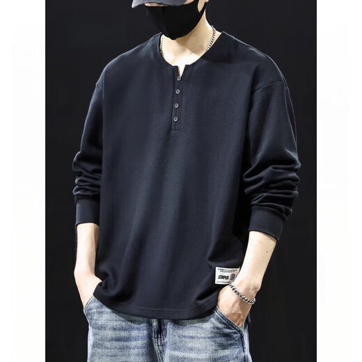 Dragon Tooth 320g Heavy Cotton Bottoming Shirt Men's 2025 Autumn New Henley Collar Sweatshirt Men's Long Sleeve Top T-Shirt BN201 Black M 90-110Jin Jin is equal to 0.5 kg