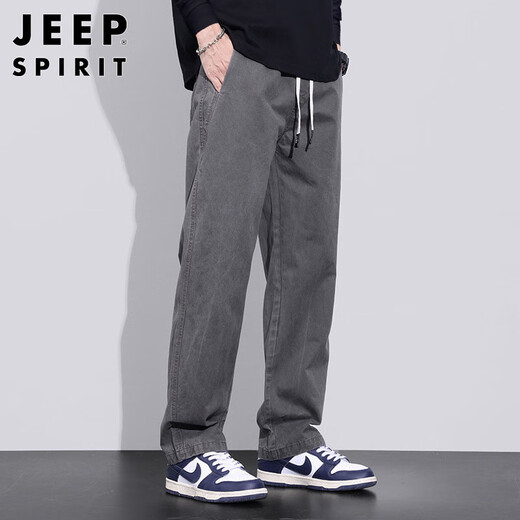 JEEP SPIRIT Jeep pure cotton casual pants men's autumn and winter loose straight pants men's workwear wide-leg pants gray XL