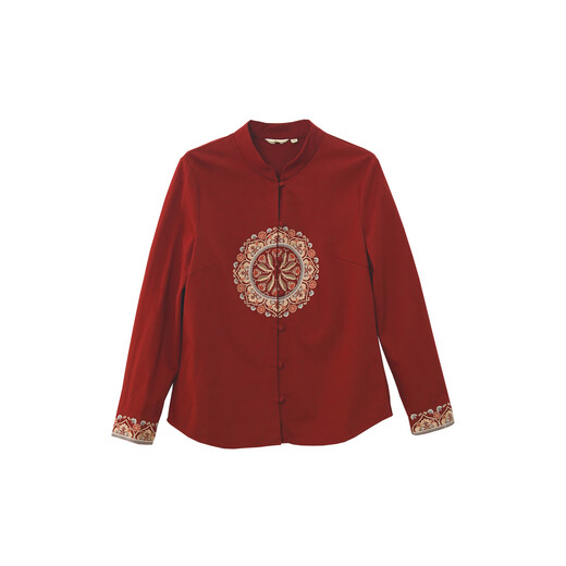 Cloth symbol red knitted symmetrical embroidered shirt 2025 autumn and winter new Chinese style stand collar long-sleeved women's clothing red knitted L
