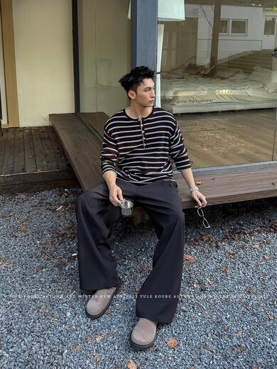 LIIS Lyocell Linen Autumn Relaxed Striped Sweater Men's Loose Casual Henley Collar Long Sleeve Brown S90-120Jin Jin equals 0.5kg One size fits all