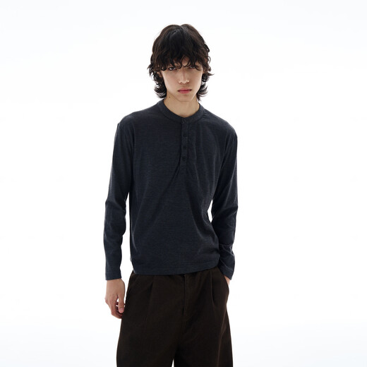 Weilang's shop Autumn American retro wool blended Henley shirt men's high-end thin long-sleeved bottoming shirt T-shirt Gray L