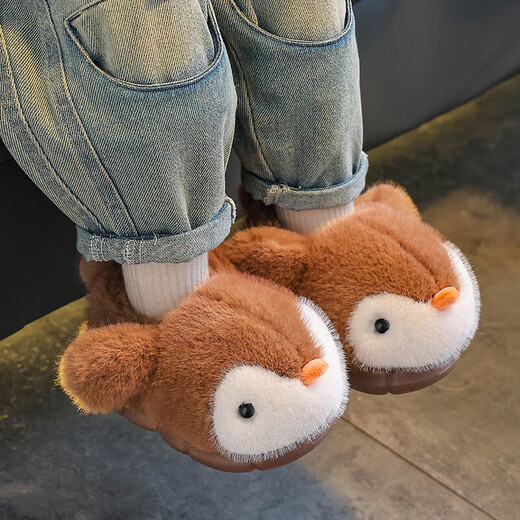 Children's cotton slippers, boy's winter cartoon cute non-slip indoor bathing soft-soled baby penguin slippers, upgraded version of environmentally friendly material black (heel included) 12 36/37 size (shoe inner length 22CM, suitable for foot length 21