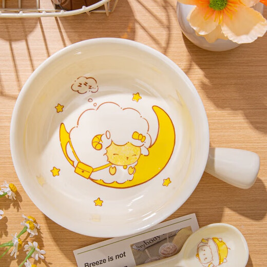 Cream tableware for one person, cartoon ceramic handle bowl, underglaze color instant noodle bowl, household rice bowl, high-looking plate, Goodnight Sheep (handle bowl) 1-piece set