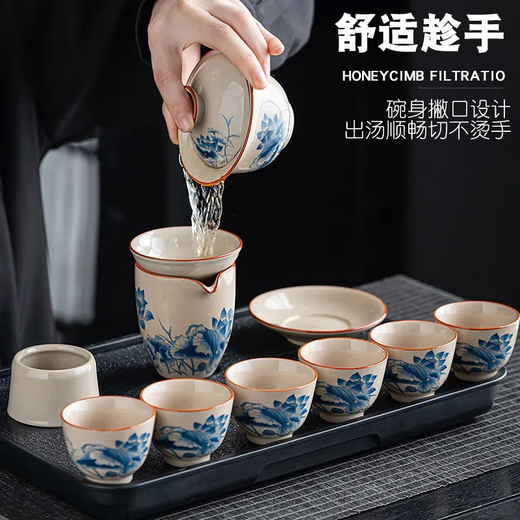 High-end Ru kiln hand-painted tureen kung fu tea set ceramic home office tea set gift box Xianzhi tureen-Lanlian-tureen