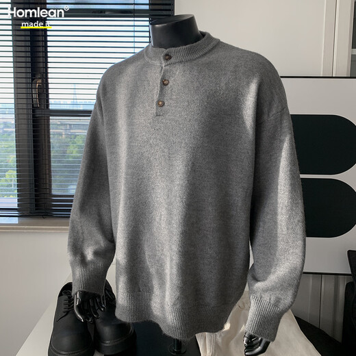 Homlean old money Henry collar knitted sweater men's advanced lazy style casual all-match top autumn HC19 dark gray 4XL