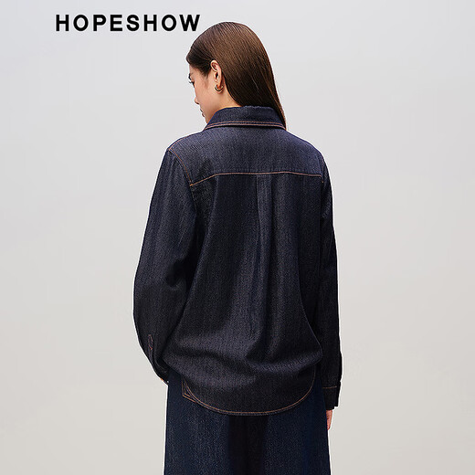 Red Sleeve (hopeshow) 2025 Autumn New Women's Clothing Retro Washed Single Breasted Right Shoulder Long Sleeve Lapel Denim Shirt Dark Denim Blue 072 M