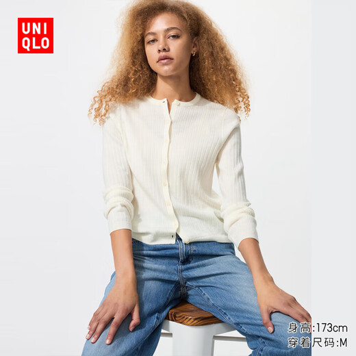 Uniqlo Women's Worsted Merino Wool Ribbed Round Neck Knitted Short Cardigan/25 Autumn and Winter New Style 478336 01 Milky White S /155/80A