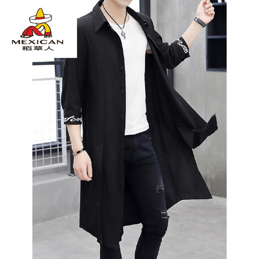 Vogelscheuche Sommer mittelschlitzend dünner Umhang Männer Sonnenschutzkleidung 2024 Neues langes überkneeges Windbreaker gutaussehende kurzärmelige Jacke 902 Schwarz 3xl