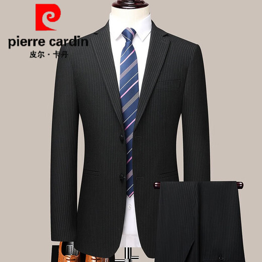 Pierre Cardin Wool Suit Men's Autumn and Winter New Business Casual High-end Suit Two-piece Set No-Iron Middle-aged Suit 2391 Black Vertical Strips 2XL (185) - Recommended weight 165-175 Jin Jin equals 0.5 kg