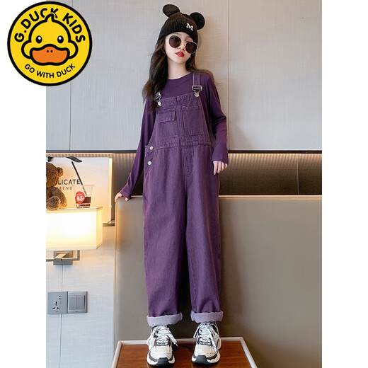 G.DUCKKIDS Little Yellow Duck Girls' Overalls Set Dopamine Style Children's Clothes for Big Girls Purple Fashionable Long-Sleeved Pants Two-piece Set Purple Overalls 160 cm