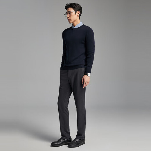 YOUNGOR Youngor machine washable 100% wool 2025 autumn and winter new round neck pullover solid color bottoming sweater, navy 105cm