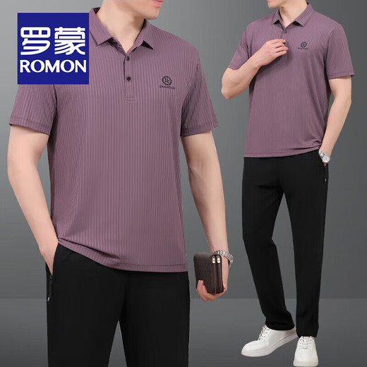 ROMON dad summer suit dad summer ice silk short-sleeved T-shirt middle-aged and elderly casual sportswear suit men's quick-drying 753 dark blue short-sleeved + trousers XL recommended 120Jin Jin equals 0.5kg -140Jin Jin equals 0.5kg