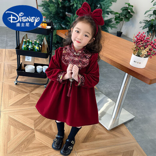 Disney (Disney) Girls Dress Autumn and Winter 2025 New Children's New Year's Eve Clothes Winter New Year Baby Sequined Red Skirt Picture Color 90 cm