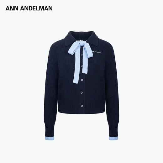 ANN ANDELMAN Official Direct Autumn and Winter Sweater Women's Slim Lapel Lace Contrast Color Wool Cardigan Jacket Navy Blue XS