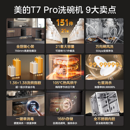 Midea T7 Pro built-in dishwasher, 21 sets of 700mm high universal hurricane spray arms under the stove, variable frequency four-star disinfection, seven-star disinfection 105, hot air drying single disinfection