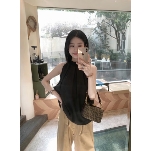 French sweet vest women's summer outer wear niche blue shirt temperament hanging neck suspender loose sleeveless top black S