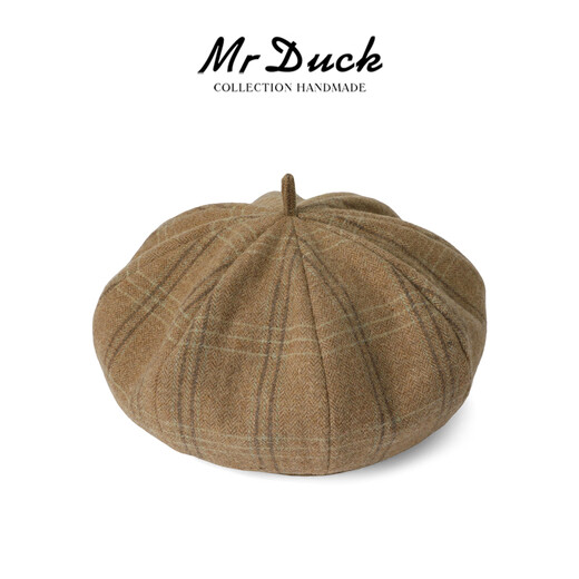 Mr DUCK's new woolen women's French octagonal beret, retro plaid, fashionable and versatile, upgraded hat shape to make your face smaller, amber beige brown (beret)-MW56739 M (suitable for 55-56cm head circumference)