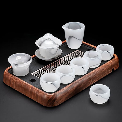 Jian Yang Bingzhong Glaze Tea Set Home High-end White Jade Kung Fu Covered Bowl Tea Cup Heat-Resistant Anti-scalding Chinese Office Tea Set 10 Pieces/Tea Strainer Set/Tea Tray