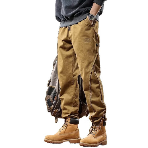 American high-end British overalls, trendy brand men's ankle-tied spring and autumn loose large size handsome retro casual pants, camel + black, two-piece set, regular 3XL, recommended 160-180Jin Jin is equal to 0.5 kg