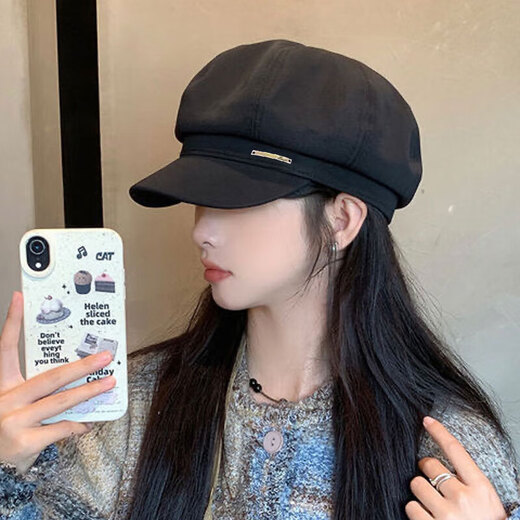 Yunpo beret women's spring and summer octagonal hat with large head circumference, new peaked cap, art painter hat, small face, fashionable and western style. Octagonal beret, black, adjustable, small face, one size fits all (head circumference 54-59cm)