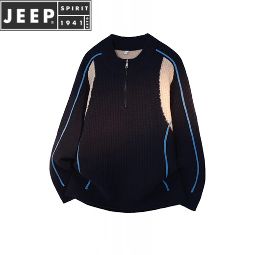 JEEP SPIRIT couple wear autumn and winter American retro splicing contrast sweater Henry collar half zipper warm sweater men's and women's jacket gray M
