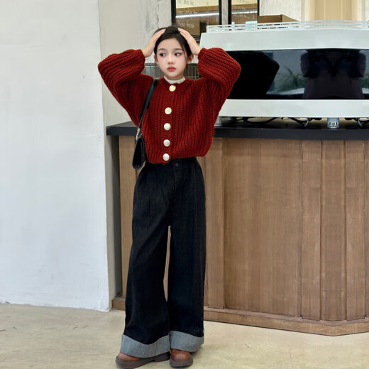 Burwilde International Brand Girls' Autumn Clothing Suit 2025 New Style Girls' Fashionable Internet Celebrity Pants Children's Autumn and Winter Red Sweater + Jeans 120 cm