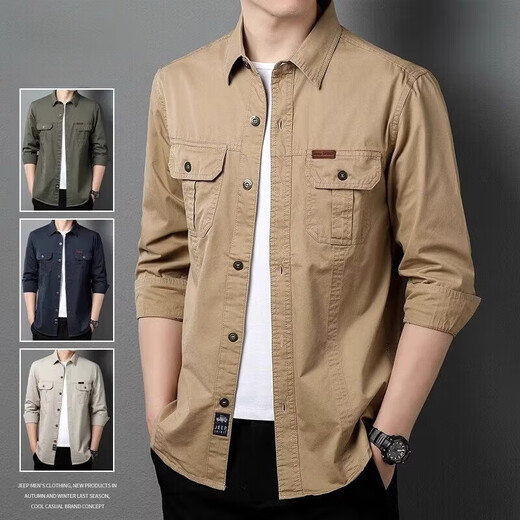 Shirt men's 2025 spring and autumn new solid color cotton comfortable American tough guy casual workwear long-sleeved men's shirt summer military green regular original high quality XL recommended 125-140Jin Jin equals 0.5 kg